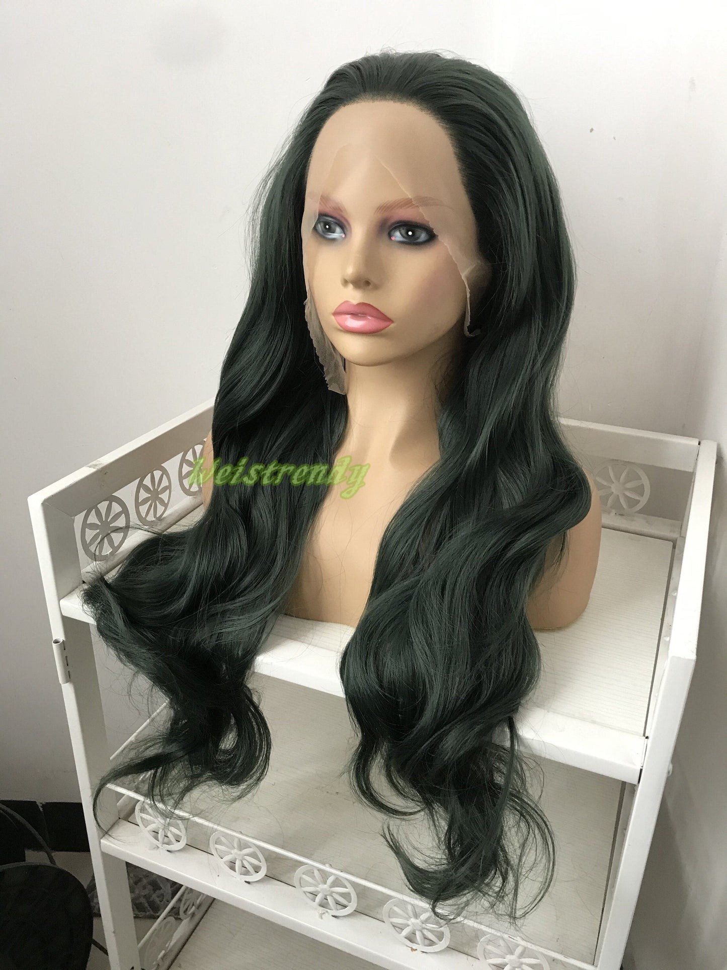 Dark Green | Christmas Green Long Wavy Hair Multi Part Premium Synthetic Soft Swiss Lace Wig Heat Friendly