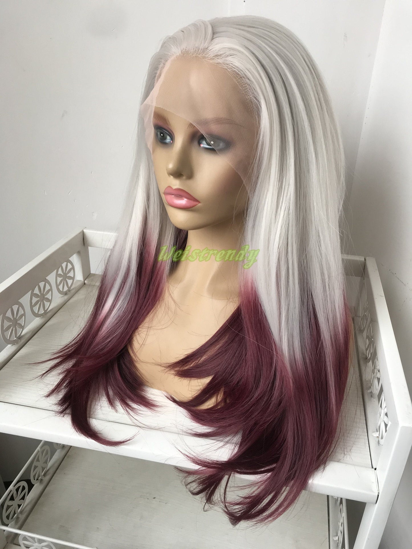 Pastel Grey Wine Red Ombre Long Straight Hair Premium Synthetic Lace Front Wig Free Part