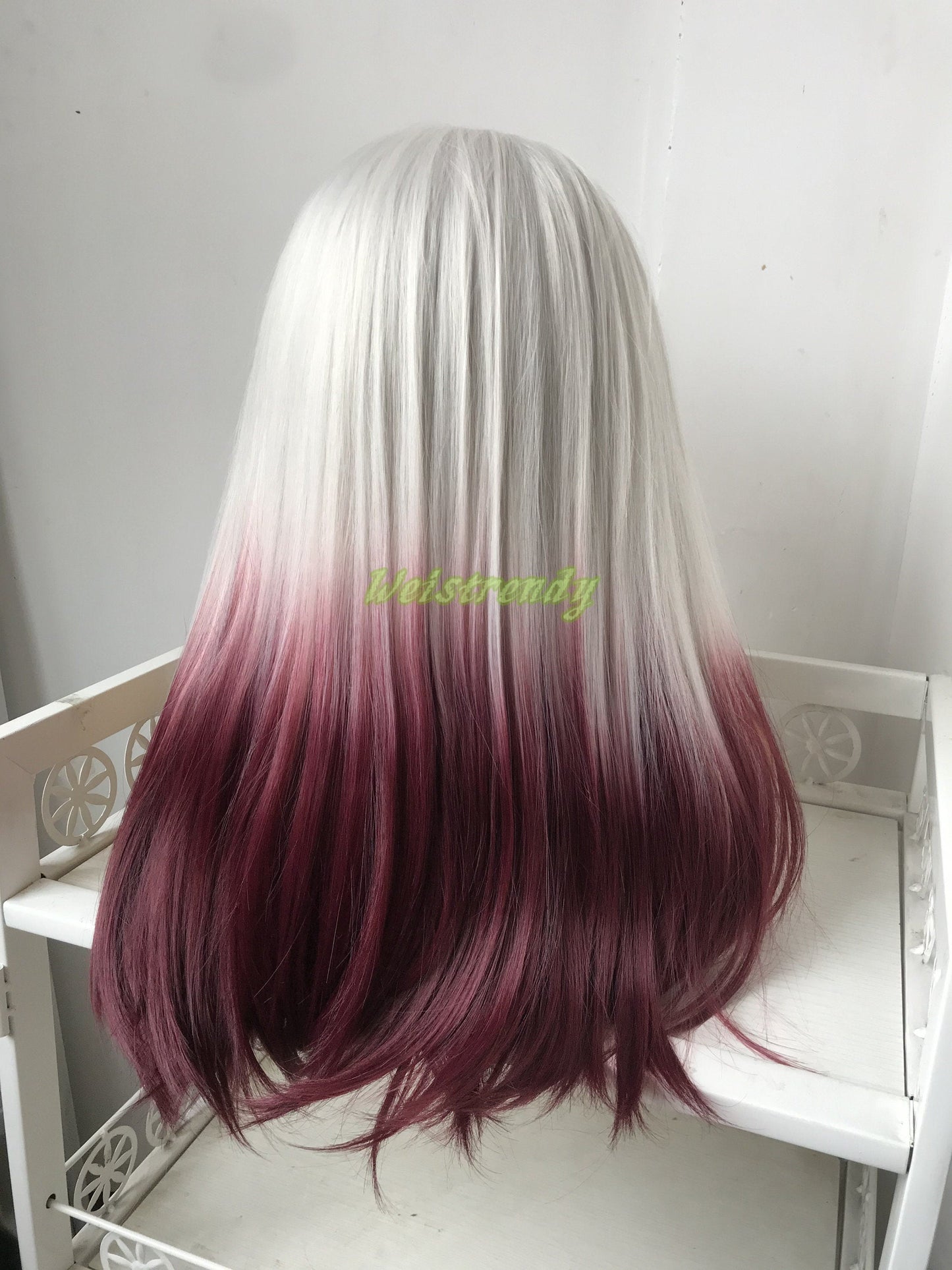 Pastel Grey Wine Red Ombre Long Straight Hair Premium Synthetic Lace Front Wig Free Part