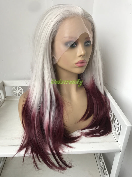 Pastel Grey Wine Red Ombre Long Straight Hair Premium Synthetic Lace Front Wig Free Part