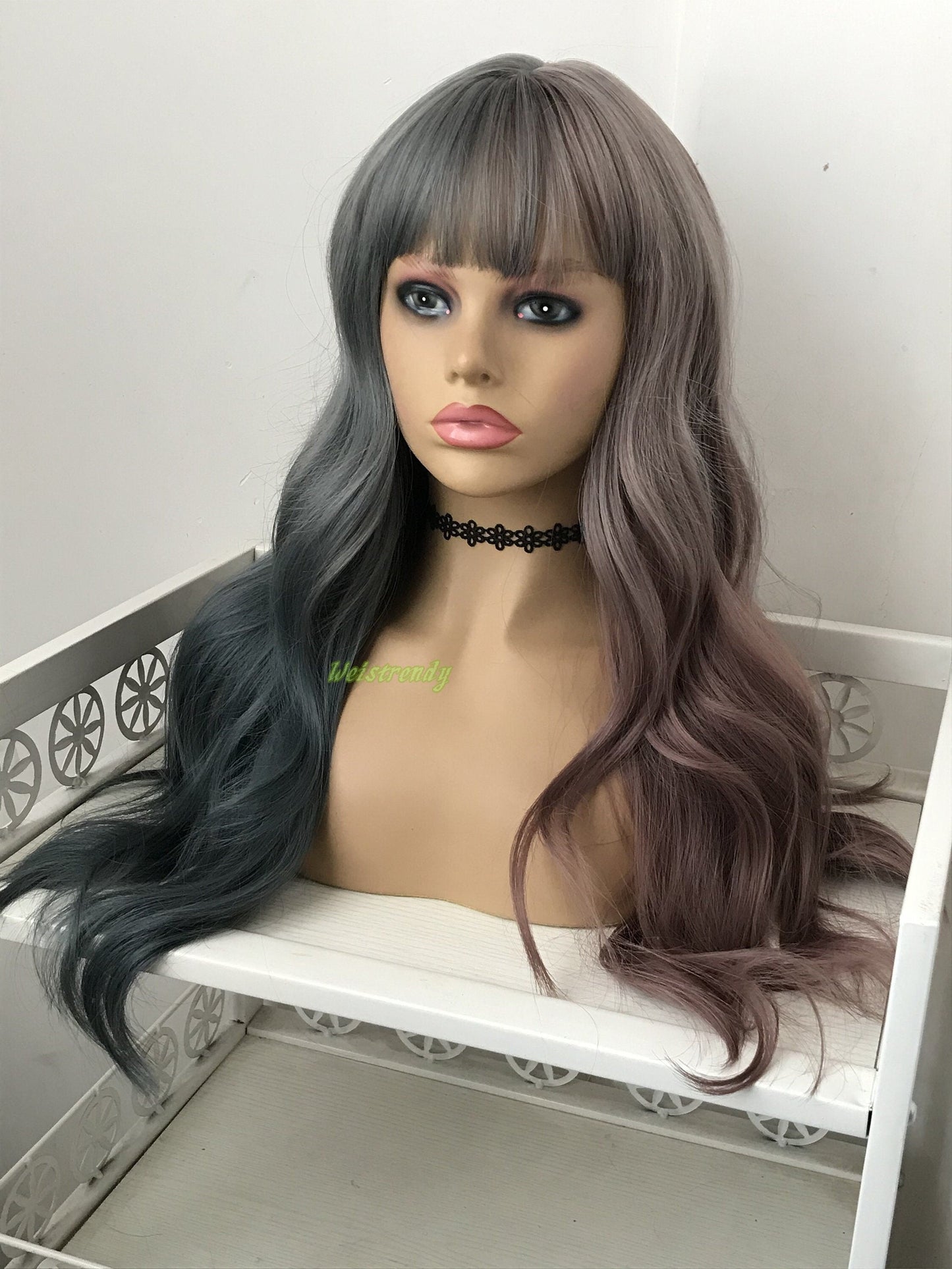 Half and Half Dusty Purple Dusty Blue Mixed Color Long Waves Hair Premium Synthetic No Lace Wig with Bangs Heat Safe