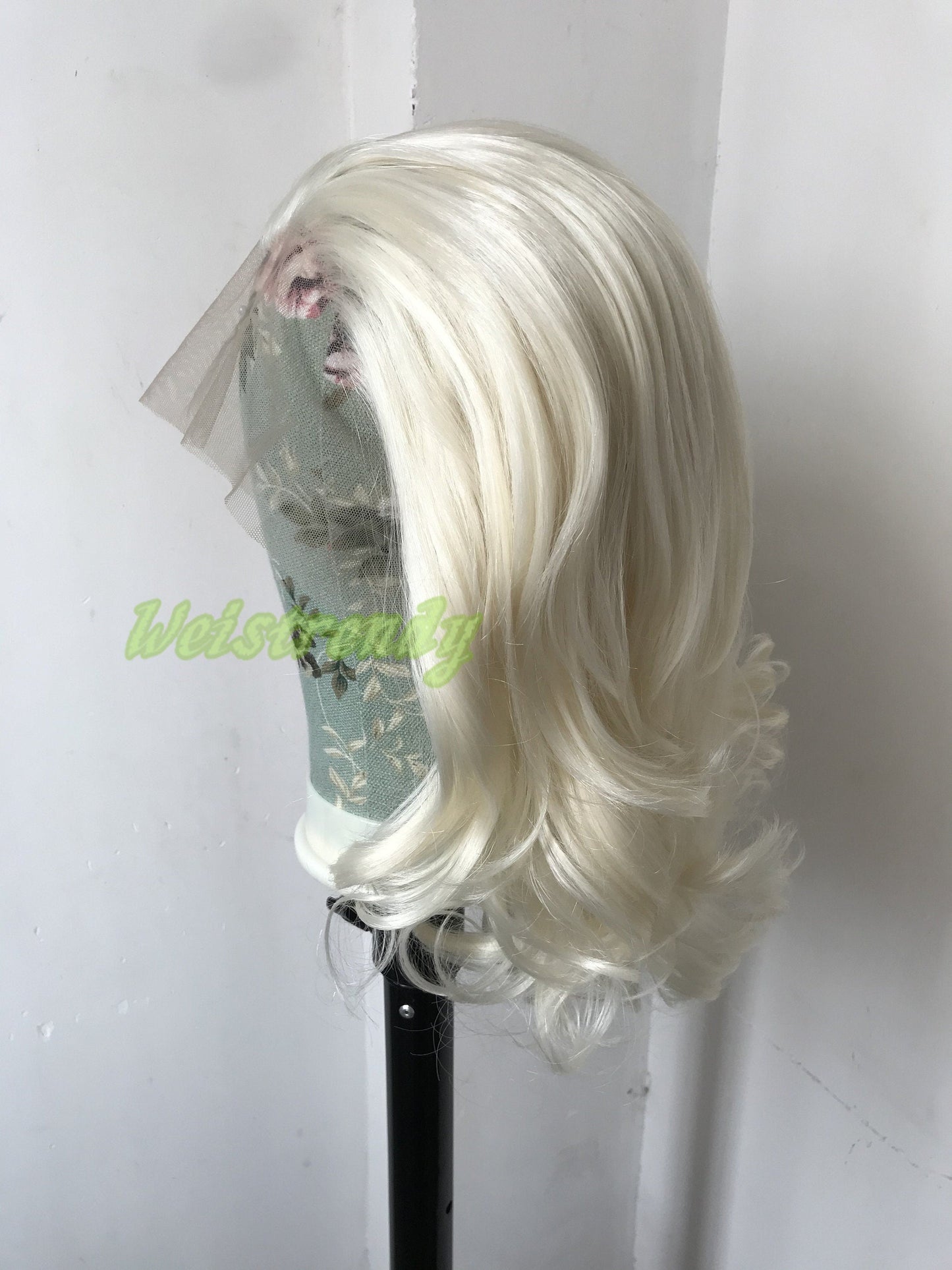 Platinum Blonde Medium Length Waves Hair Premium Synthetic Soft Swiss Lace frontal Wig Free Part Heat Friendly