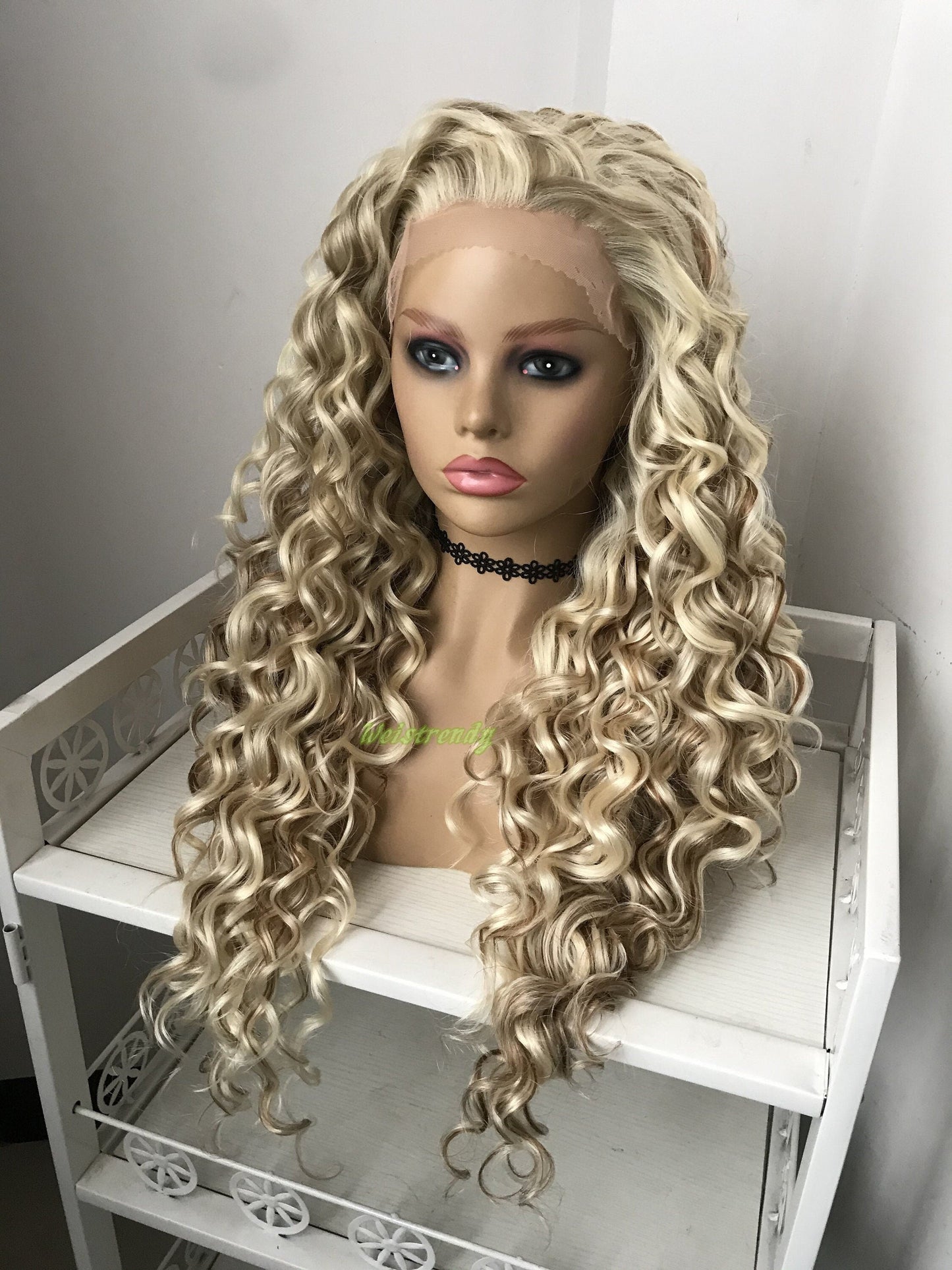 Mixed Blonde Brown Long Ring Curls Wigs Premium Synthetic Fibre Heat Safe Glueless Lace Frontal Wig