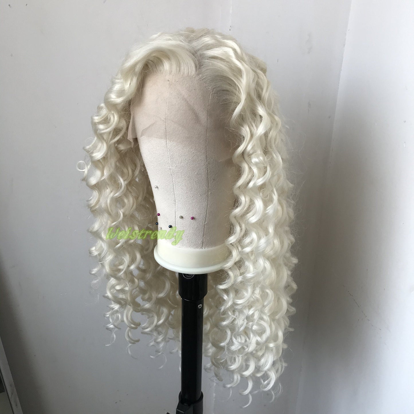 Platinum Blonde Long Ring Curls Multi Part Premium Synthetic Soft Swiss Lace Wig Heat Friendly