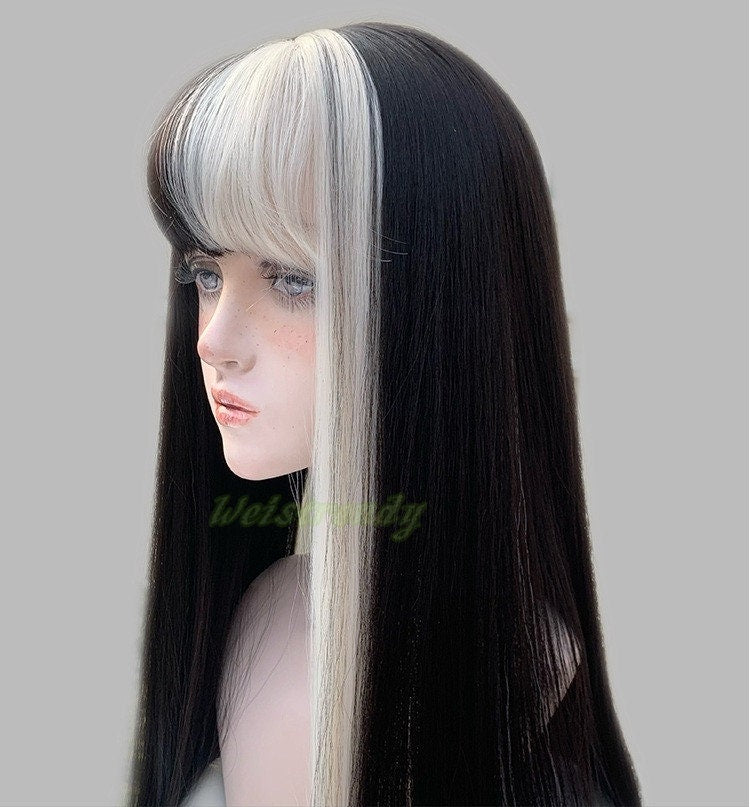 One-Sided Money Piece Black White Blonde Long Straight hair with Bangs Synthetic No lace Cosplay Wig Fun WigsHeat Safe