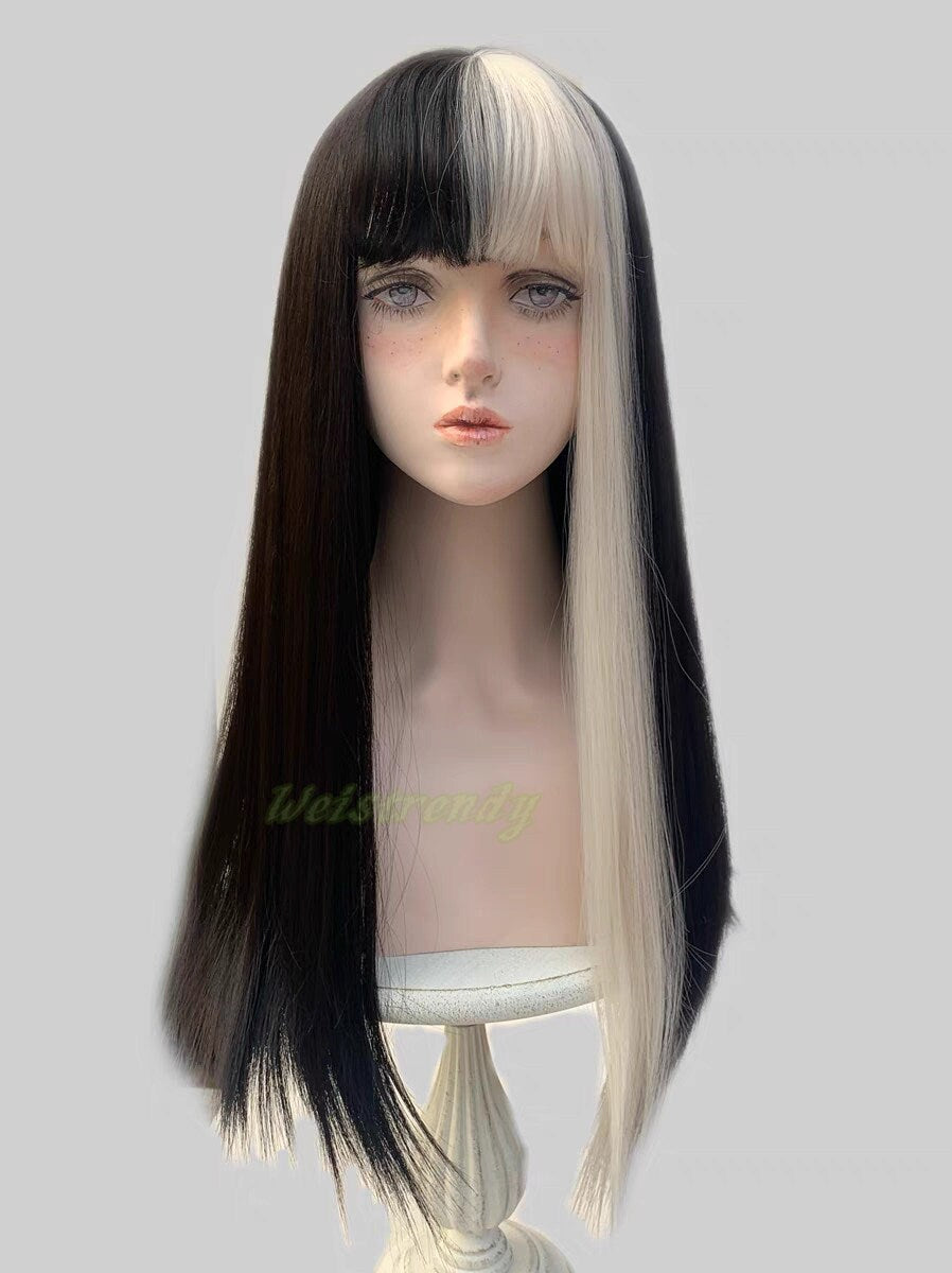 One-Sided Money Piece Black White Blonde Long Straight hair with Bangs Synthetic No lace Cosplay Wig Fun WigsHeat Safe