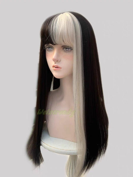 One-Sided Money Piece Black White Blonde Long Straight hair with Bangs Synthetic No lace Cosplay Wig Fun WigsHeat Safe