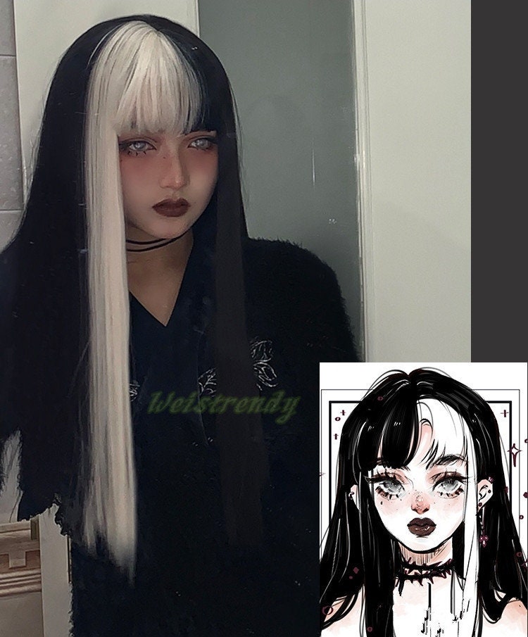 One-Sided Money Piece Black White Blonde Long Straight hair with Bangs Synthetic No lace Cosplay Wig Fun WigsHeat Safe