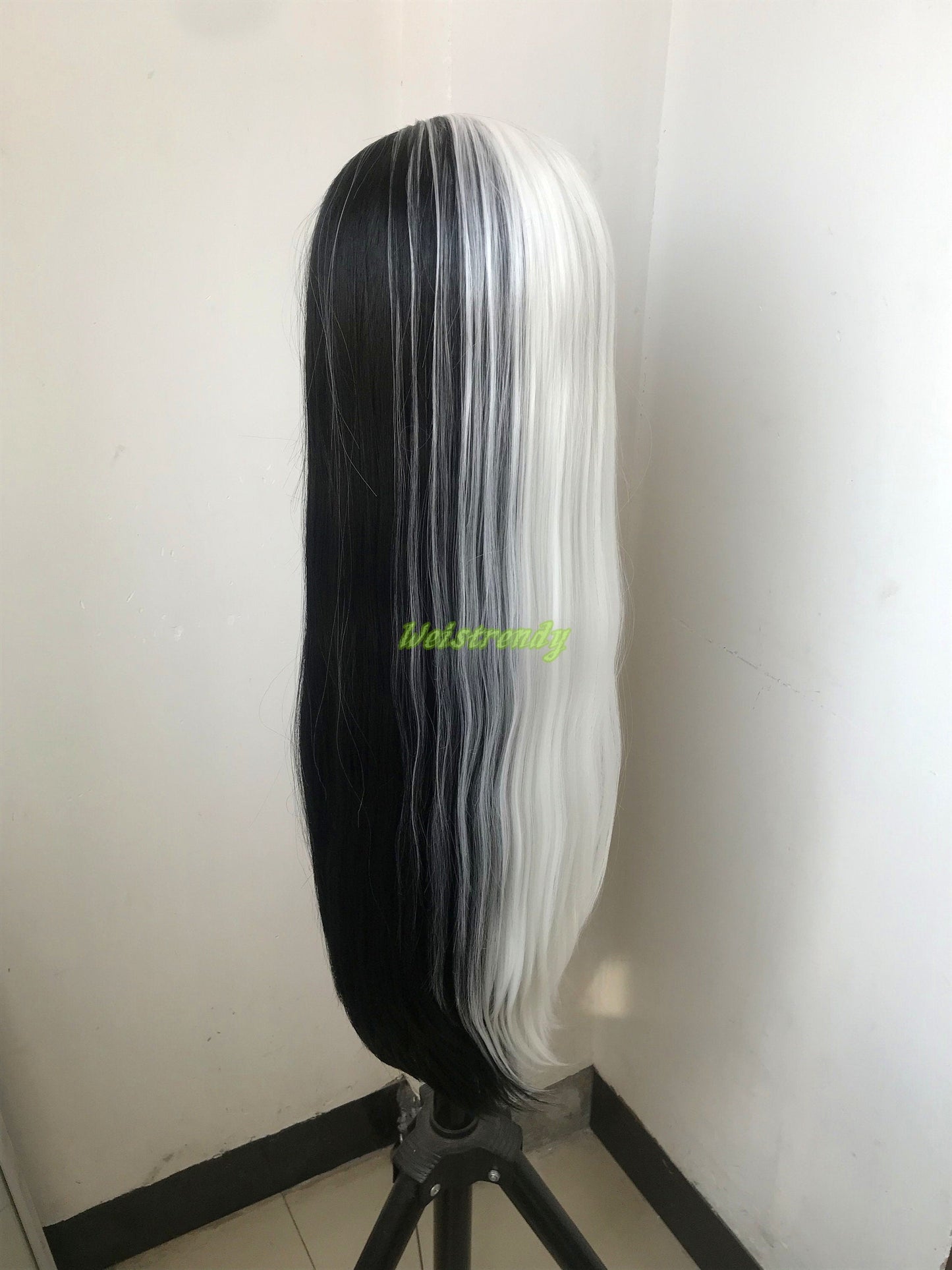 32in Half and Half Black White Long Straight Hair Synthetic Lace Frontal Wig with Natural Hairline