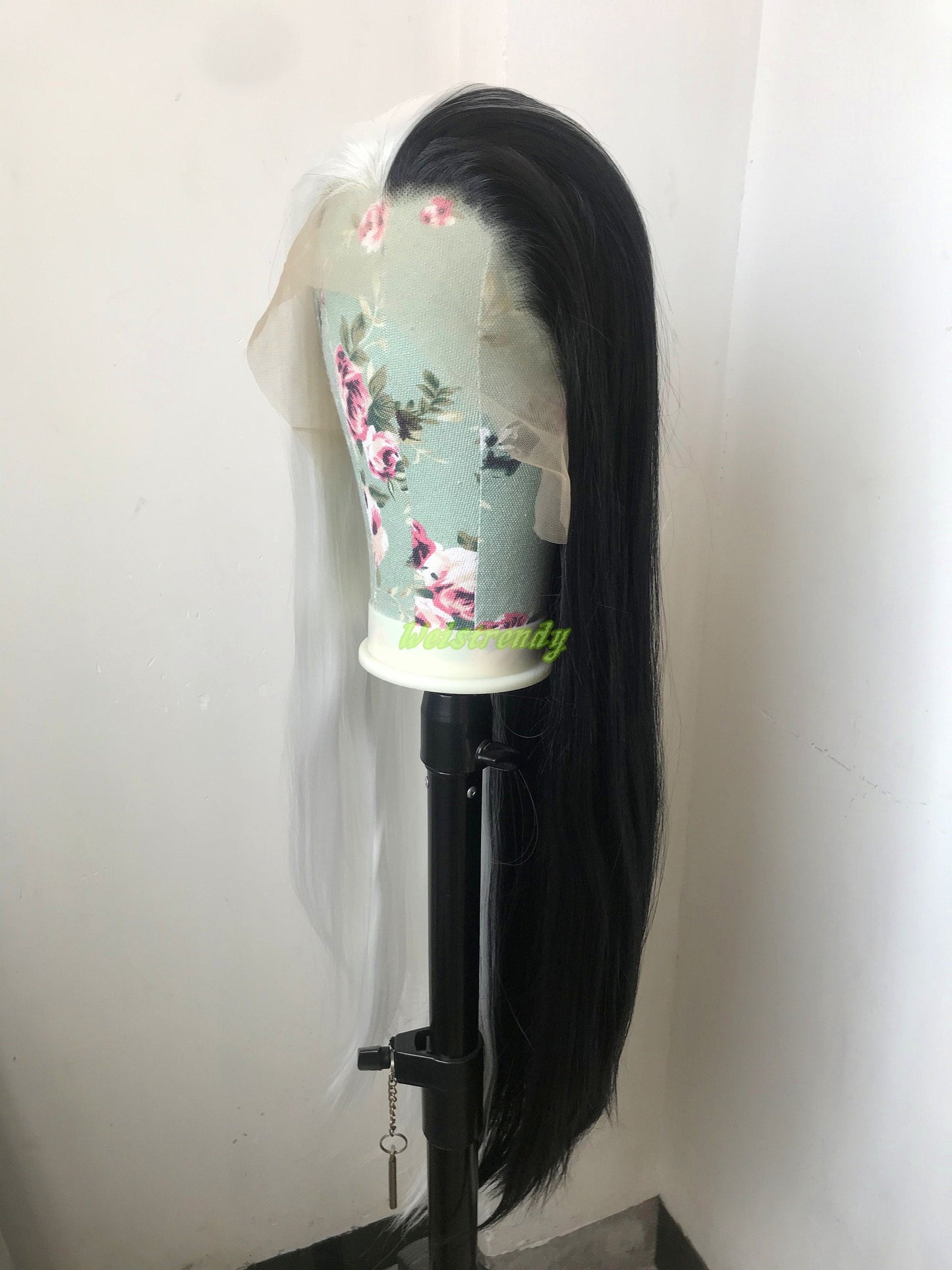 32in Half and Half Black White Long Straight Hair Synthetic Lace Frontal Wig with Natural Hairline