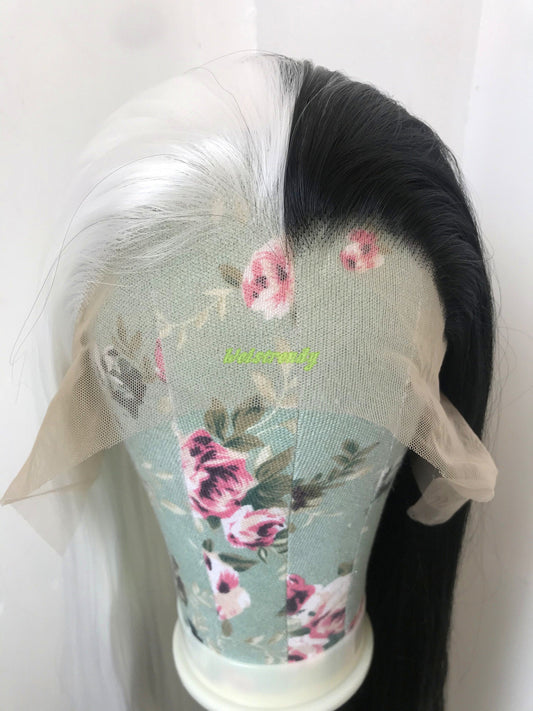 32in Half and Half Black White Long Straight Hair Synthetic Lace Frontal Wig with Natural Hairline