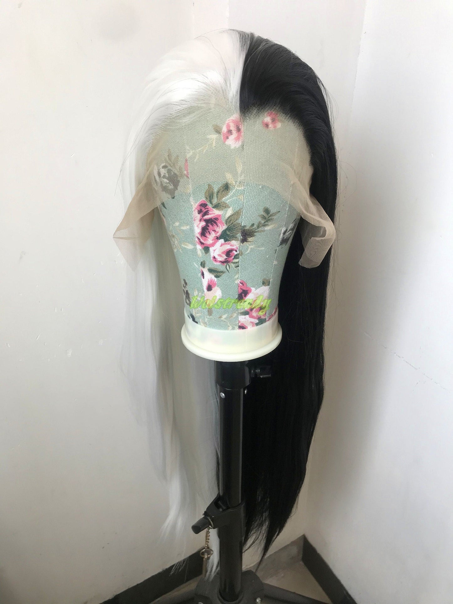 32in Half and Half Black White Long Straight Hair Synthetic Lace Frontal Wig with Natural Hairline