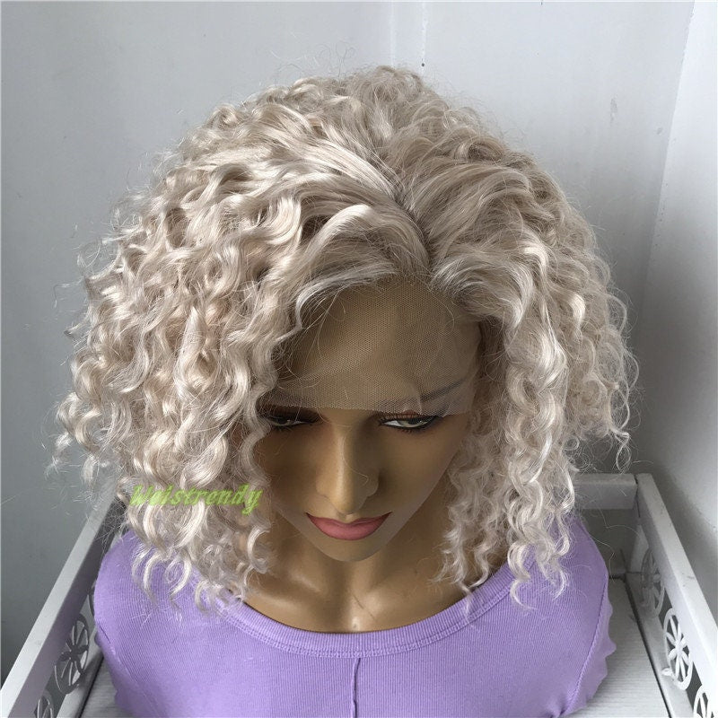 Mixed Platinum Blonde Short Curly Wavy Hair Wigs Synthetic Lace Frontal Wig Free Part