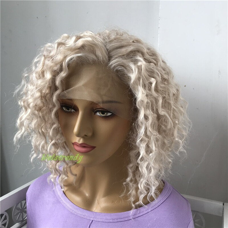 Mixed Platinum Blonde Short Curly Wavy Hair Wigs Synthetic Lace Frontal Wig Free Part