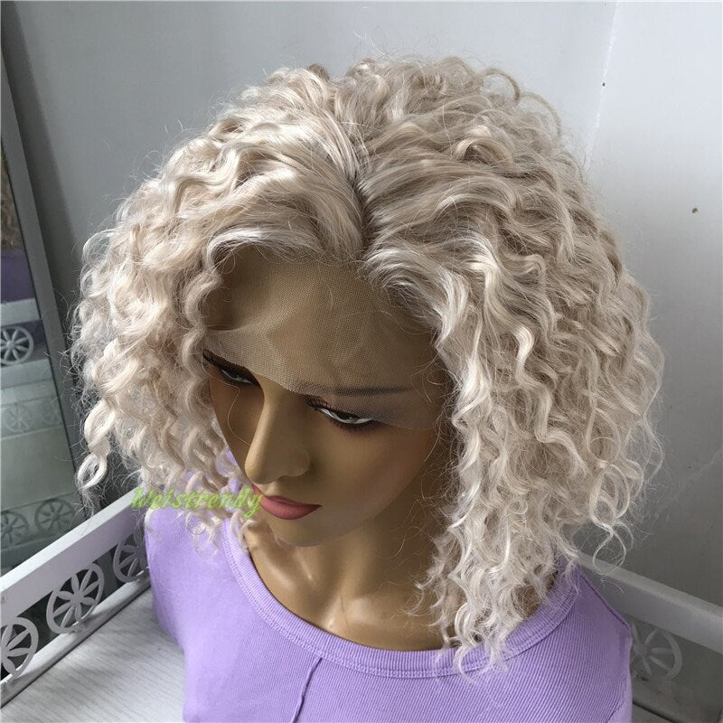 Mixed Platinum Blonde Short Curly Wavy Hair Wigs Synthetic Lace Frontal Wig Free Part