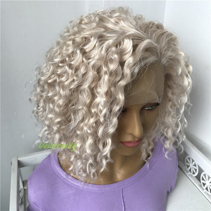 Mixed Platinum Blonde Short Curly Wavy Hair Wigs Synthetic Lace Frontal Wig Free Part