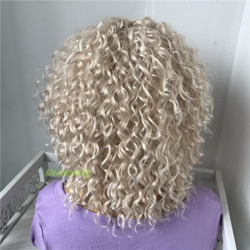 Mixed Platinum Blonde Short Curly Wavy Hair Wigs Synthetic Lace Frontal Wig Free Part