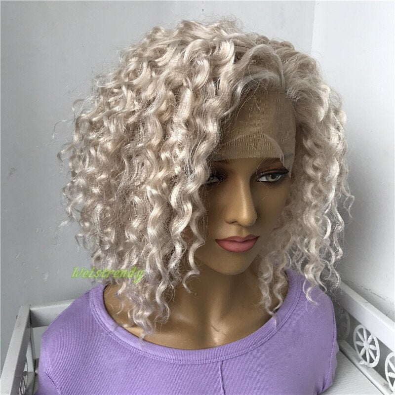Mixed Platinum Blonde Short Curly Wavy Hair Wigs Synthetic Lace Frontal Wig Free Part