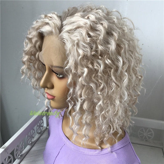 Mixed Platinum Blonde Short Curly Wavy Hair Wigs Synthetic Lace Frontal Wig Free Part
