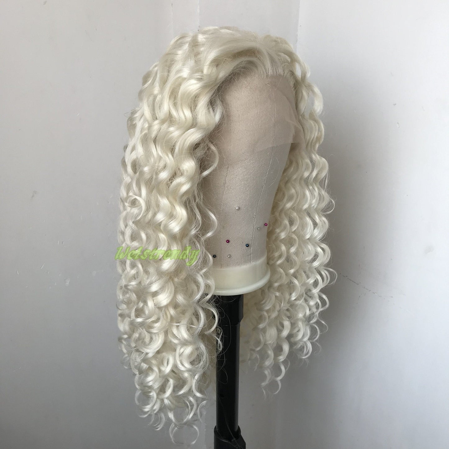 Platinum Blonde Long Ring Curls Multi Part Premium Synthetic Soft Swiss Lace Wig Heat Friendly