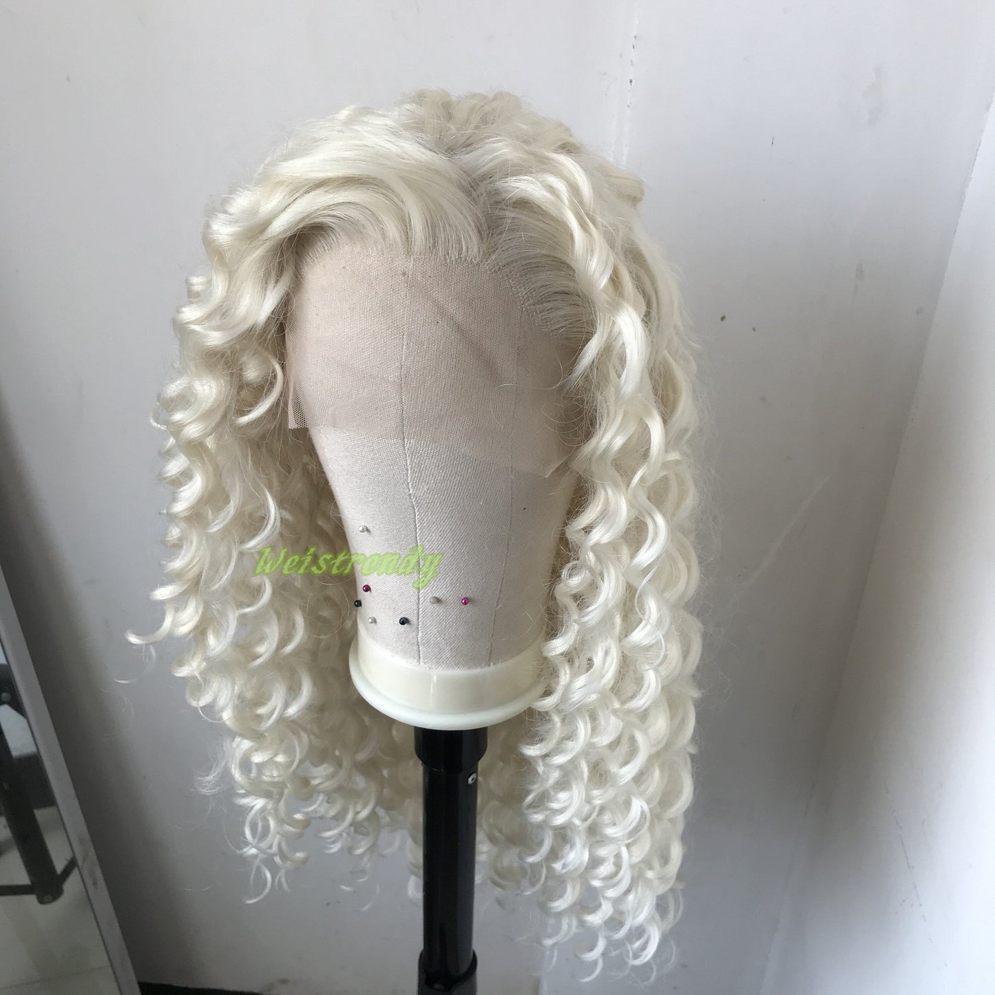 Platinum Blonde Long Ring Curls Multi Part Premium Synthetic Soft Swiss Lace Wig Heat Friendly