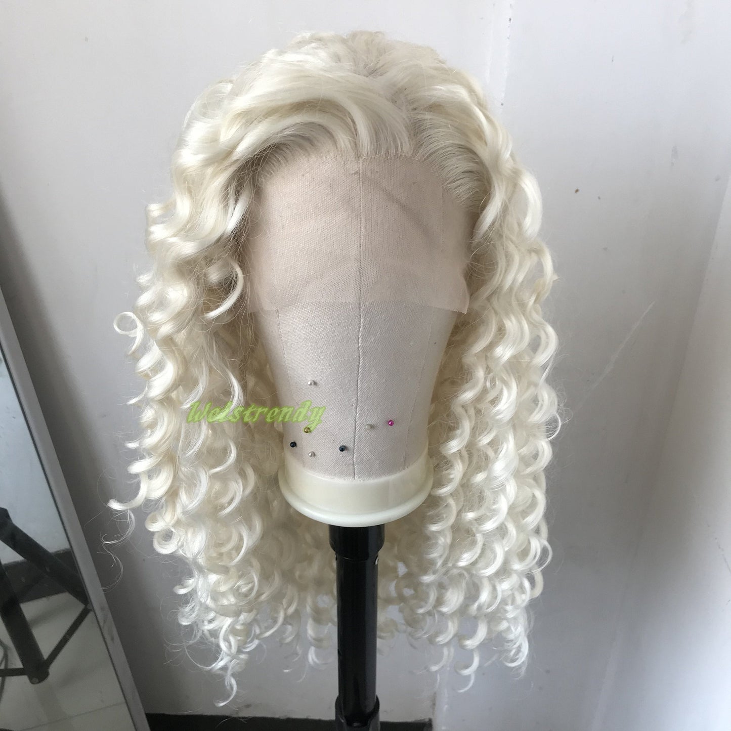 Platinum Blonde Long Ring Curls Multi Part Premium Synthetic Soft Swiss Lace Wig Heat Friendly