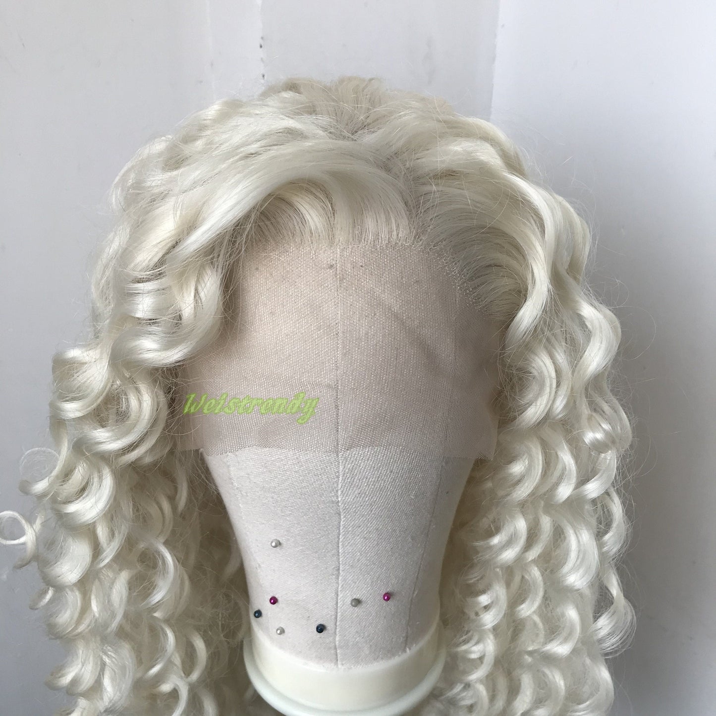 Platinum Blonde Long Ring Curls Multi Part Premium Synthetic Soft Swiss Lace Wig Heat Friendly