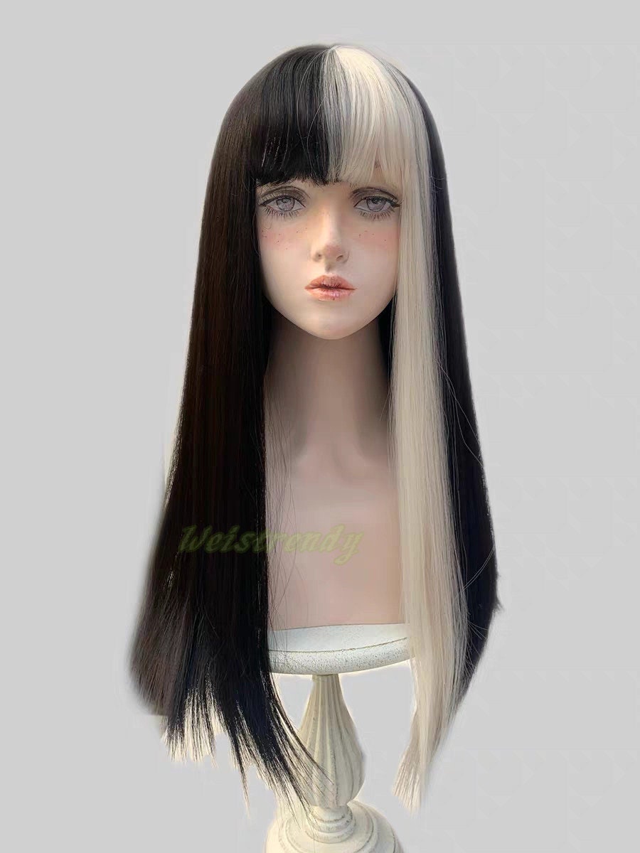 One-Sided Money Piece Black White Blonde Long Straight hair with Bangs Synthetic No lace Cosplay Wig Fun WigsHeat Safe