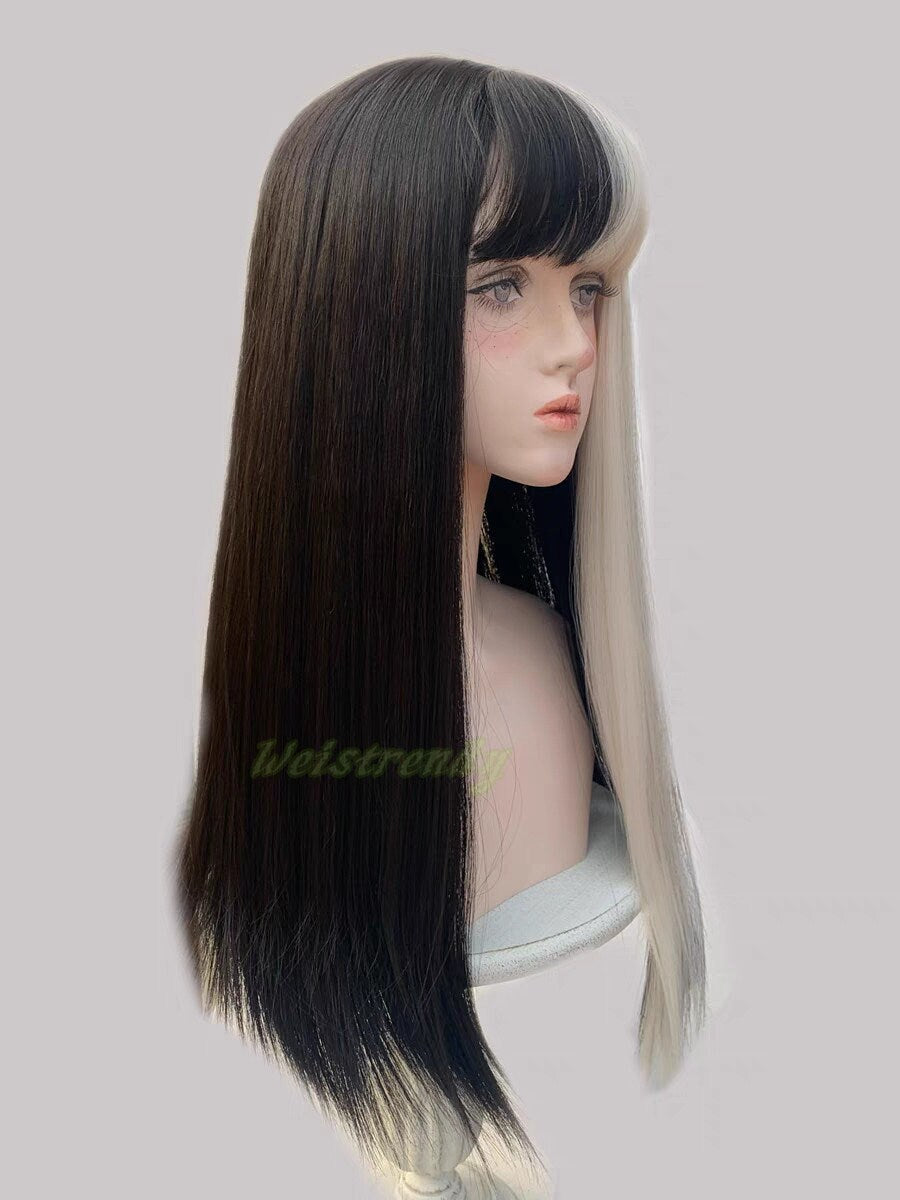 One-Sided Money Piece Black White Blonde Long Straight hair with Bangs Synthetic No lace Cosplay Wig Fun WigsHeat Safe