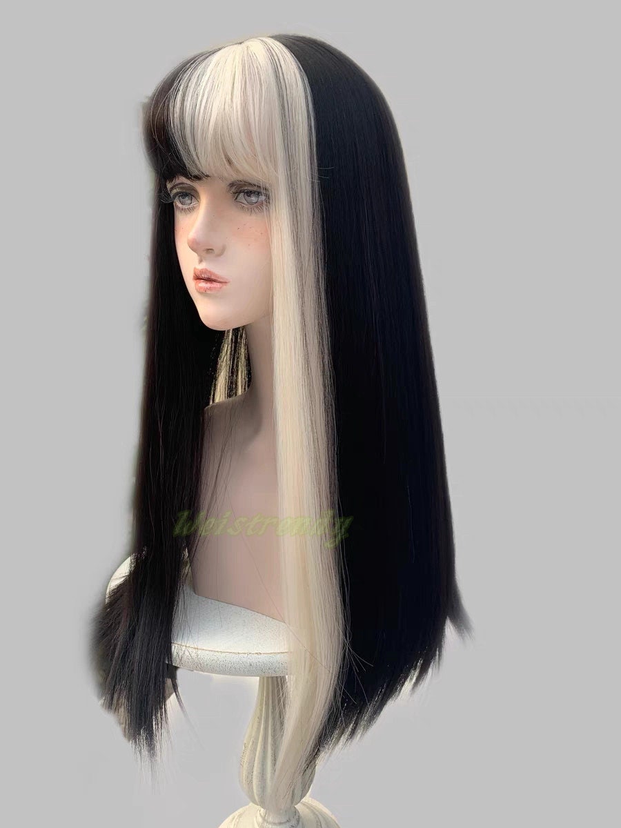 One-Sided Money Piece Black White Blonde Long Straight hair with Bangs Synthetic No lace Cosplay Wig Fun WigsHeat Safe
