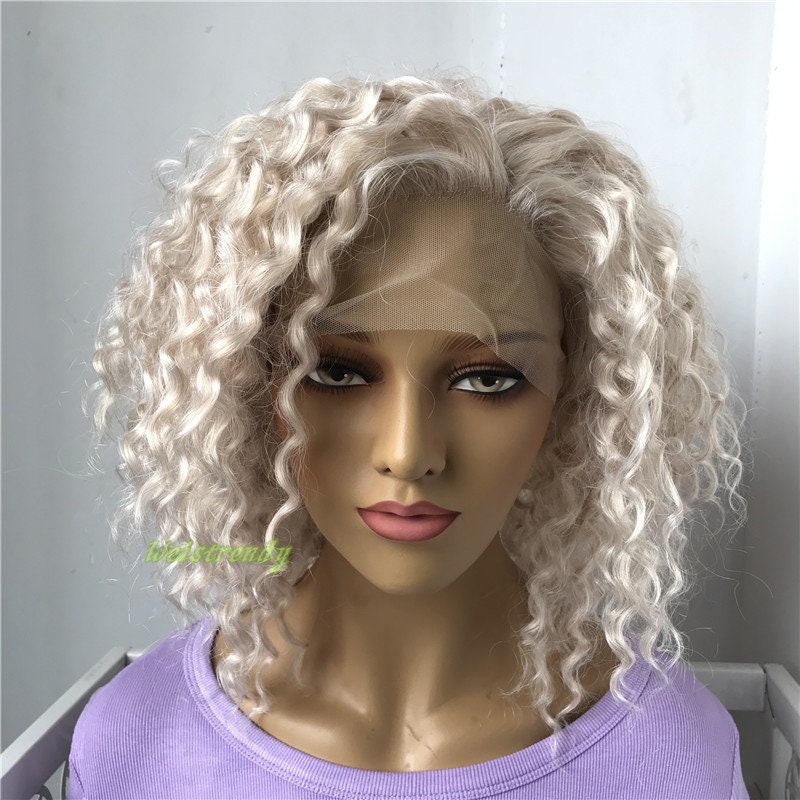 Mixed Platinum Blonde Short Curly Wavy Hair Wigs Synthetic Lace Frontal Wig Free Part