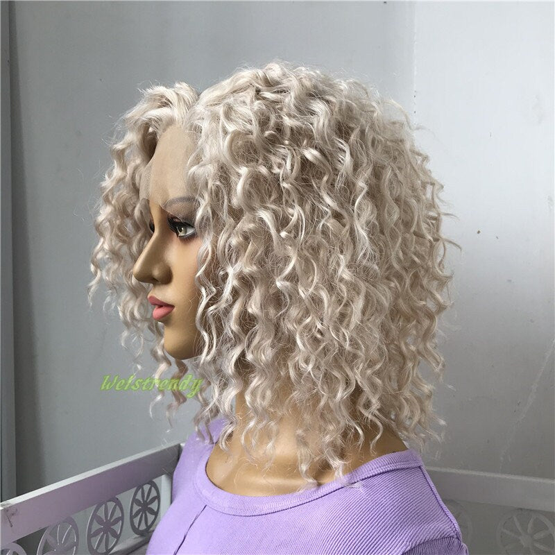 Mixed Platinum Blonde Short Curly Wavy Hair Wigs Synthetic Lace Frontal Wig Free Part
