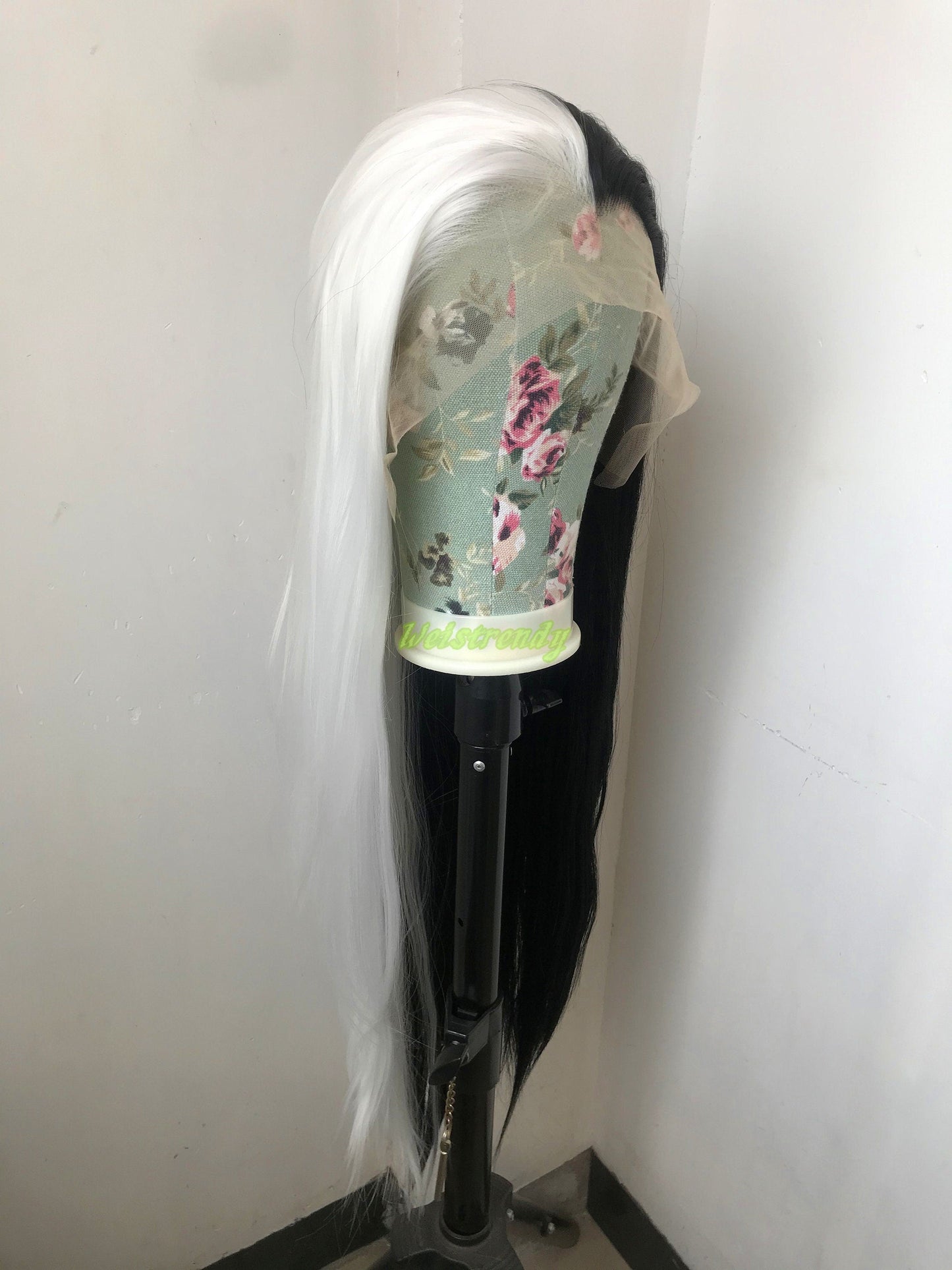 32in Half and Half Black White Long Straight Hair Synthetic Lace Frontal Wig with Natural Hairline