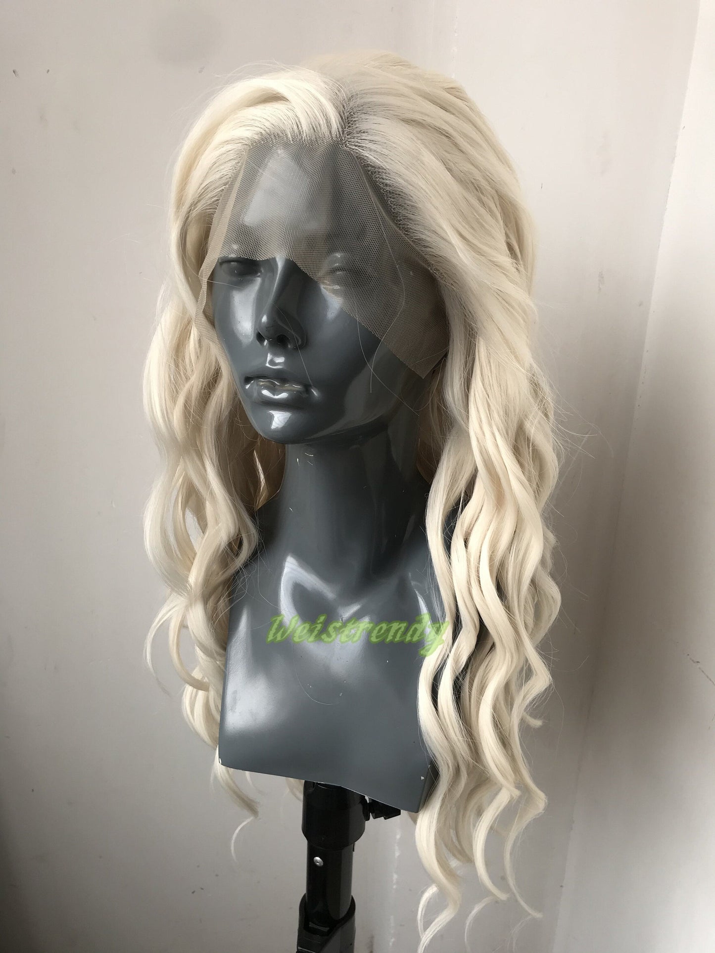 Beige Blonde 24in Long Beachy Wavy Hair Premium Synthetic Swiss Lace Frontal Wig Free Partting Heat Safe