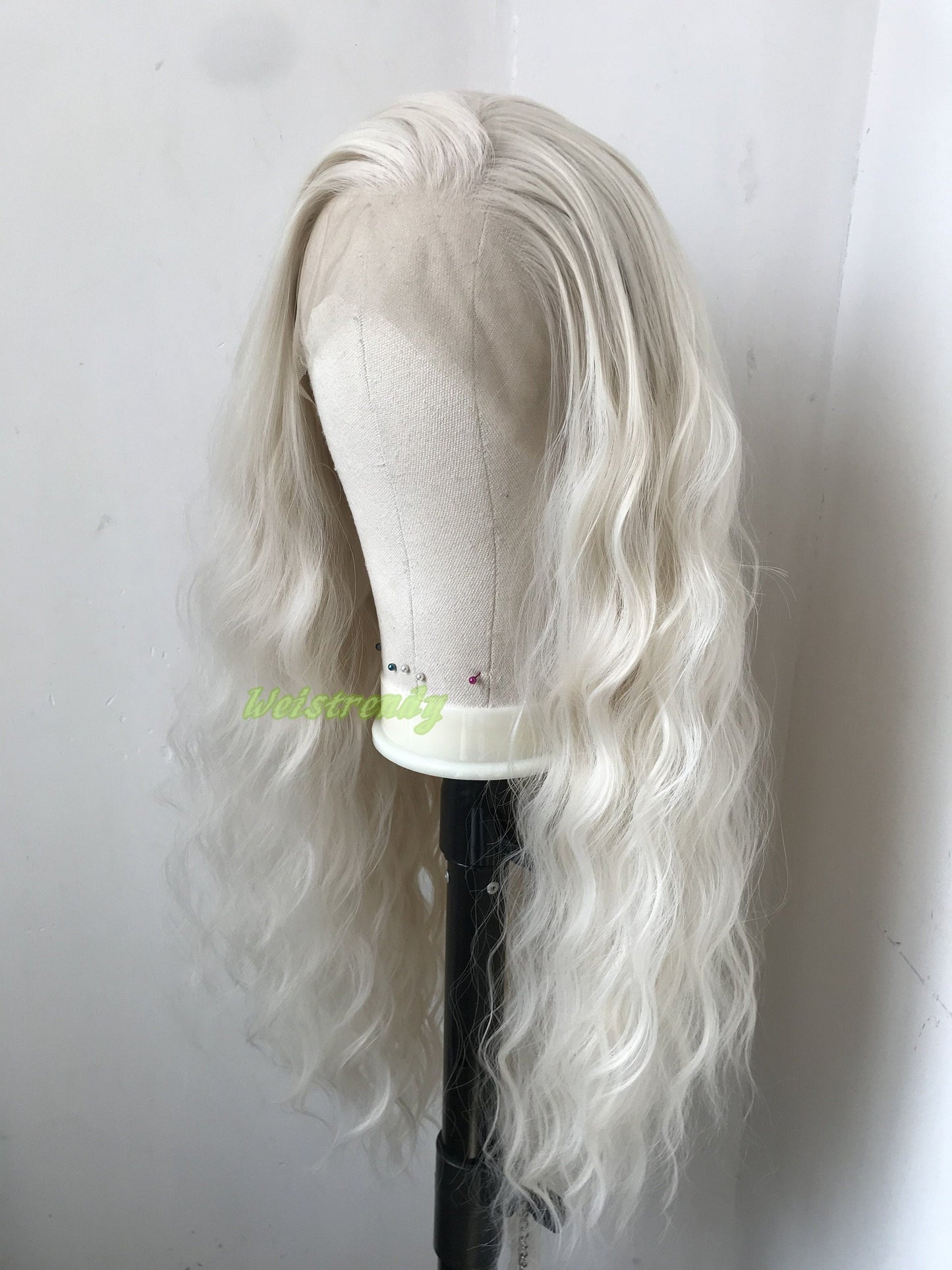 White Blonde | Platinum Blonde Long Waves Wig Premium Synthetic Soft Swiss Lace frontal Wigs Multi Parting