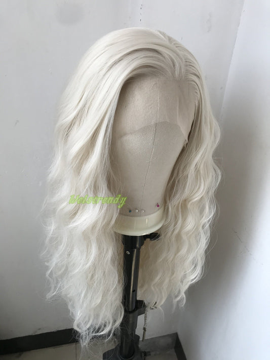 White Blonde | Platinum Blonde Long Waves Wig Premium Synthetic Soft Swiss Lace frontal Wigs Multi Parting