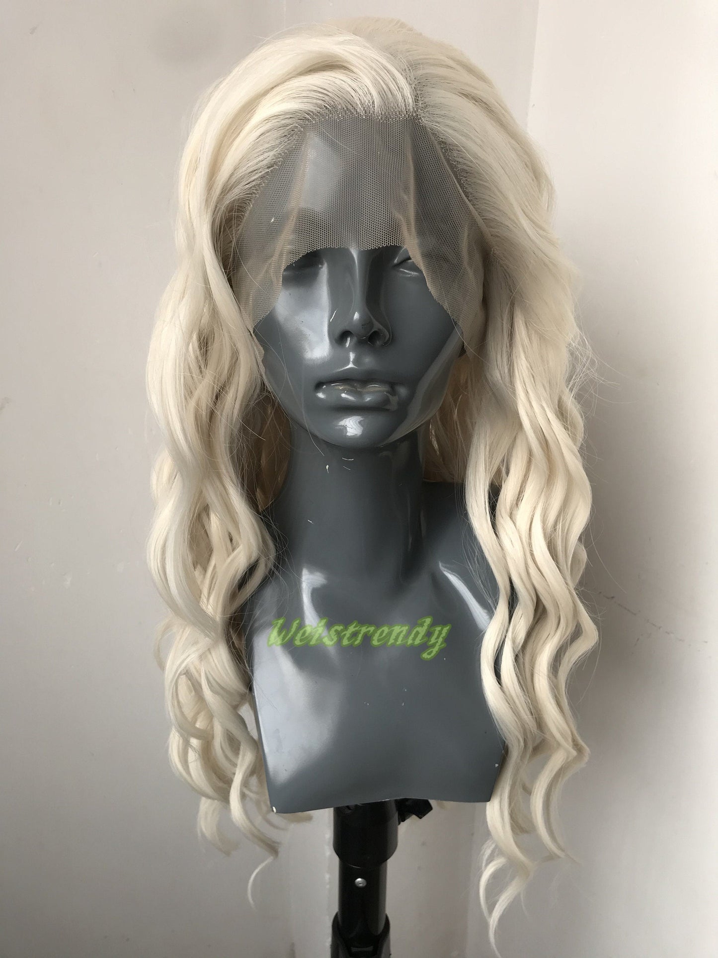 Beige Blonde 24in Long Beachy Wavy Hair Premium Synthetic Swiss Lace Frontal Wig Free Partting Heat Safe