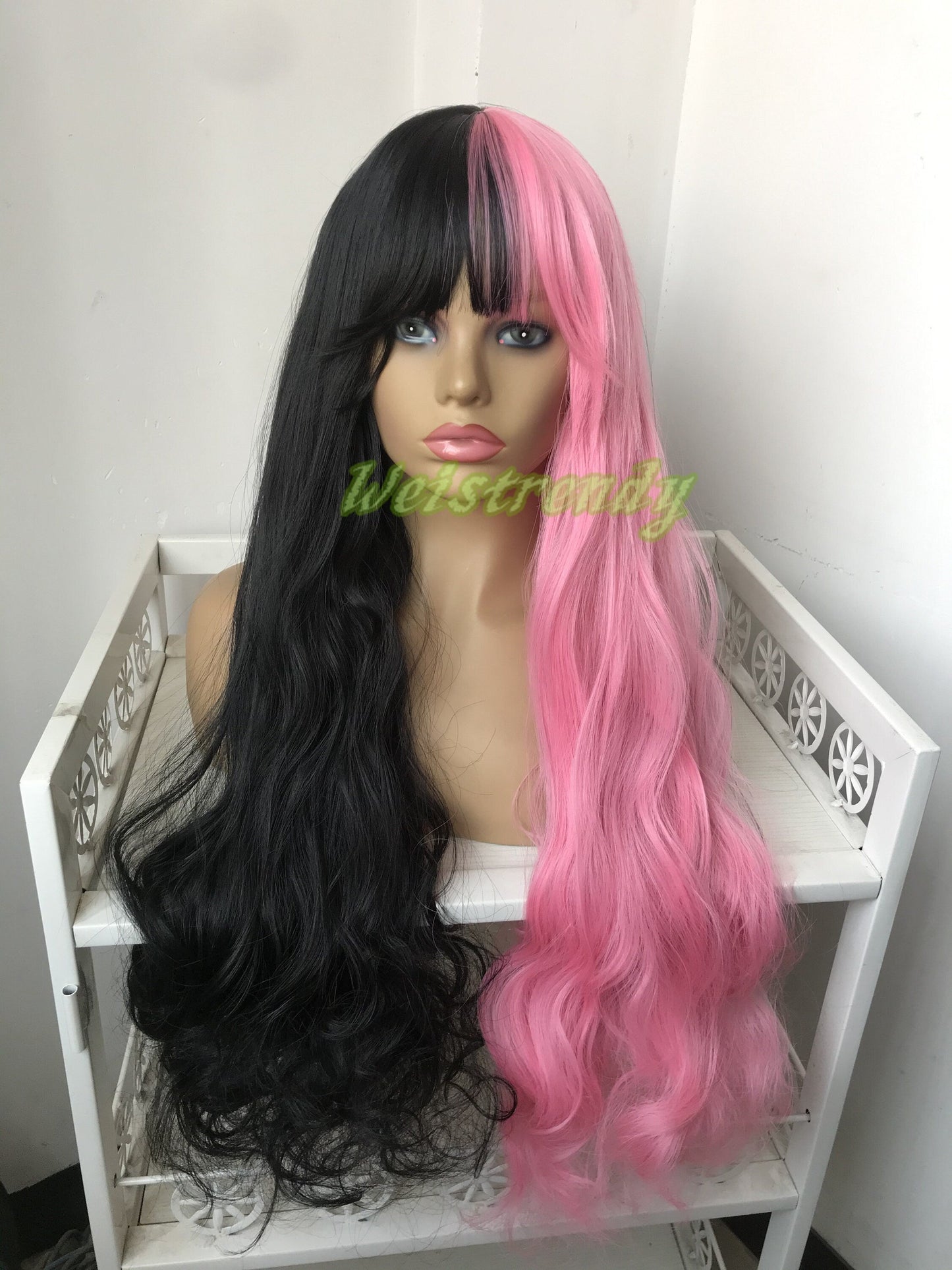 Half and Half Pink | Black Long Straight Waves Hair Premium Synthetic No Lace Wig with Bangs Heat Ok
