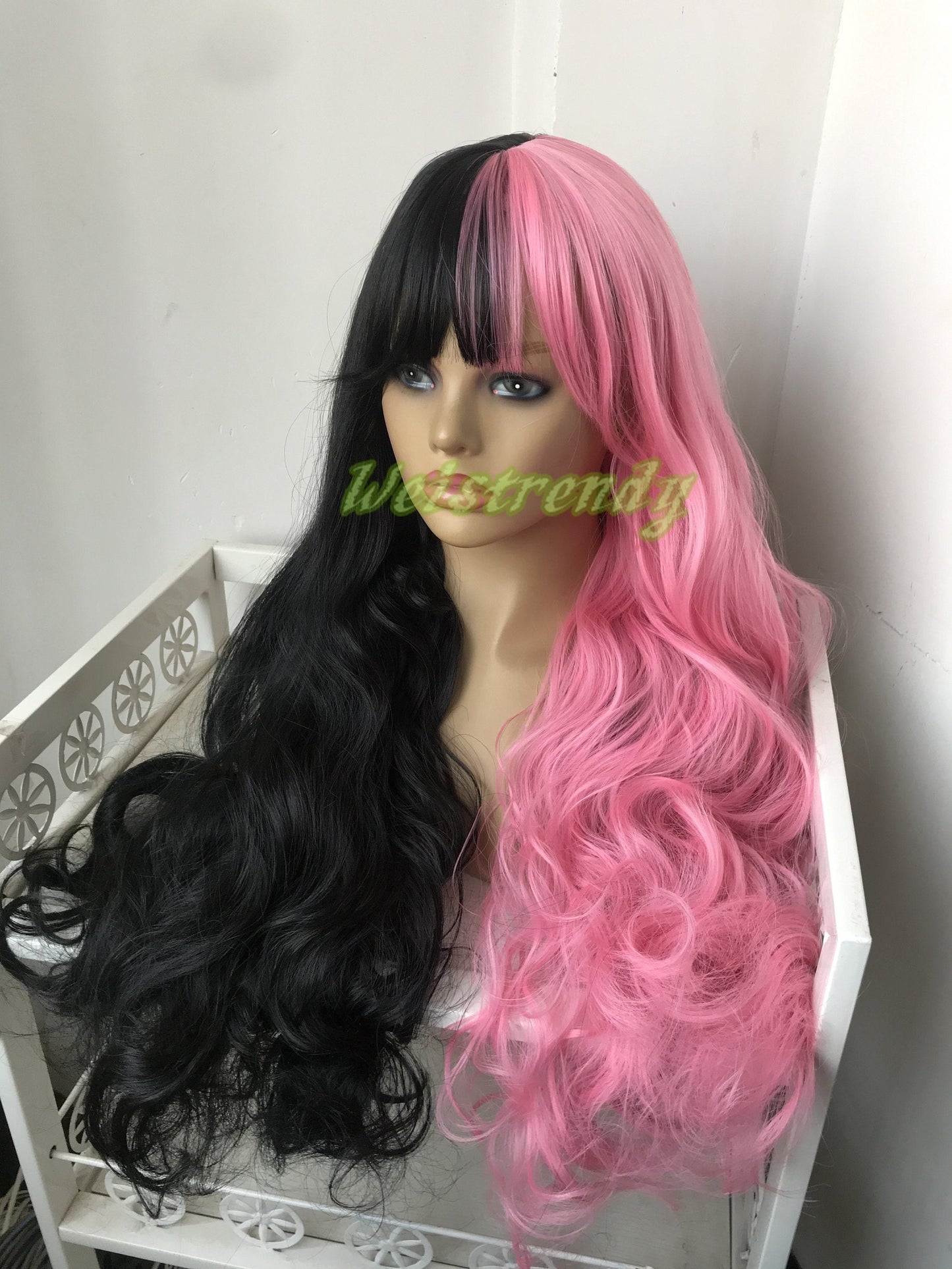 Half and Half Pink | Black Long Straight Waves Hair Premium Synthetic No Lace Wig with Bangs Heat Ok