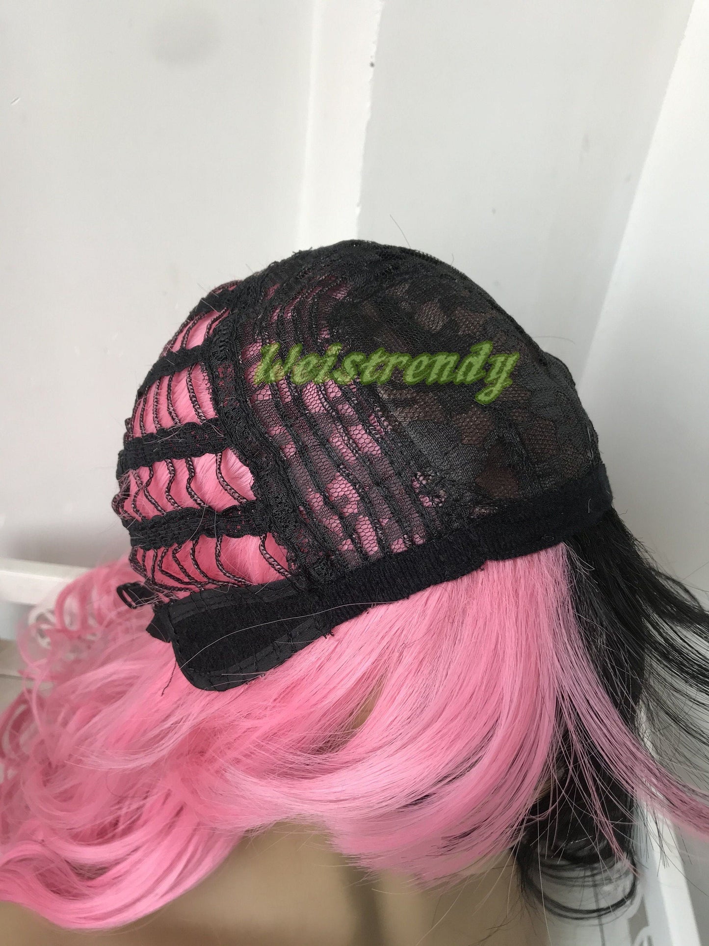 Half and Half Pink | Black Long Straight Waves Hair Premium Synthetic No Lace Wig with Bangs Heat Ok
