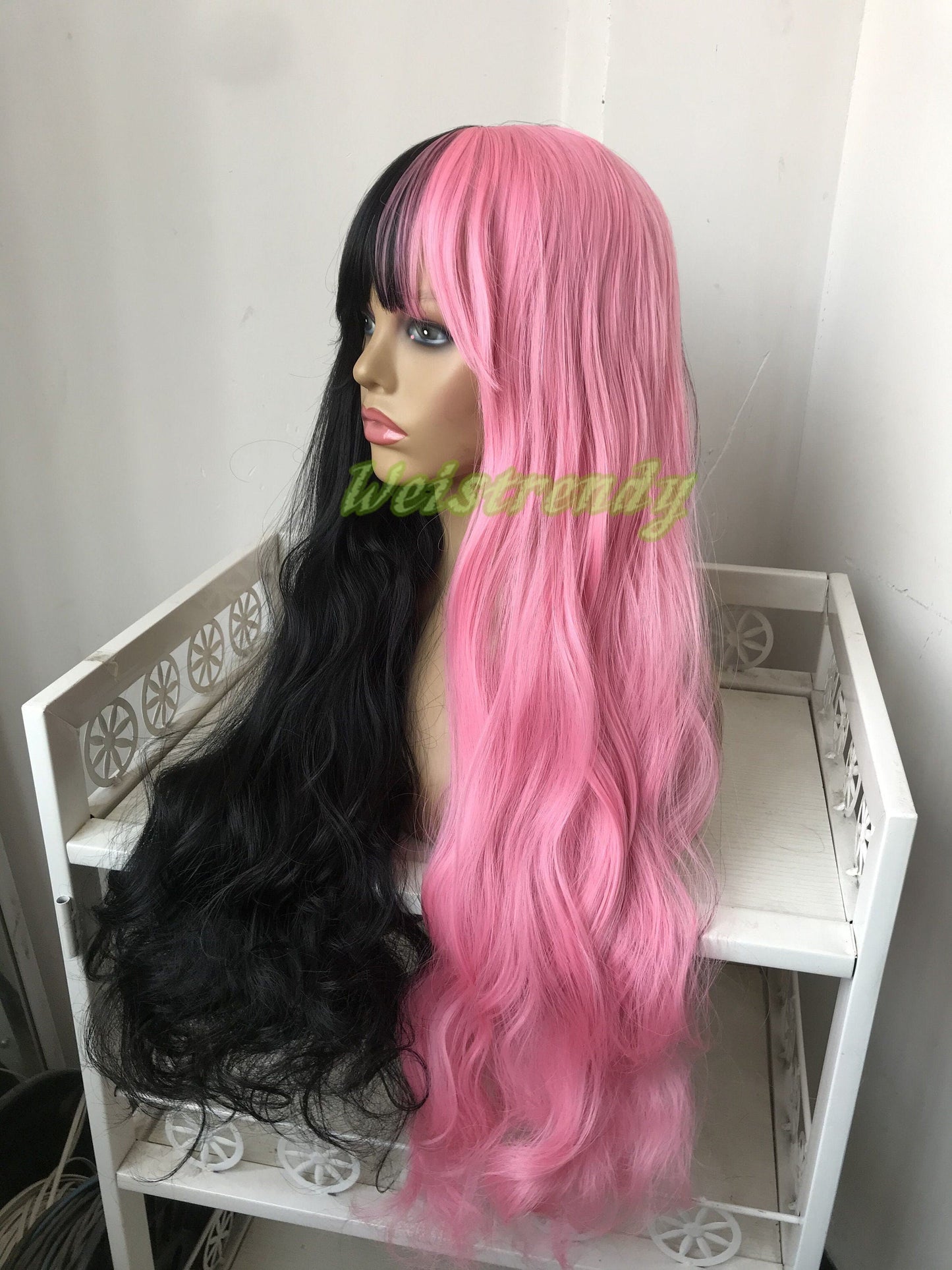 Half and Half Pink | Black Long Straight Waves Hair Premium Synthetic No Lace Wig with Bangs Heat Ok
