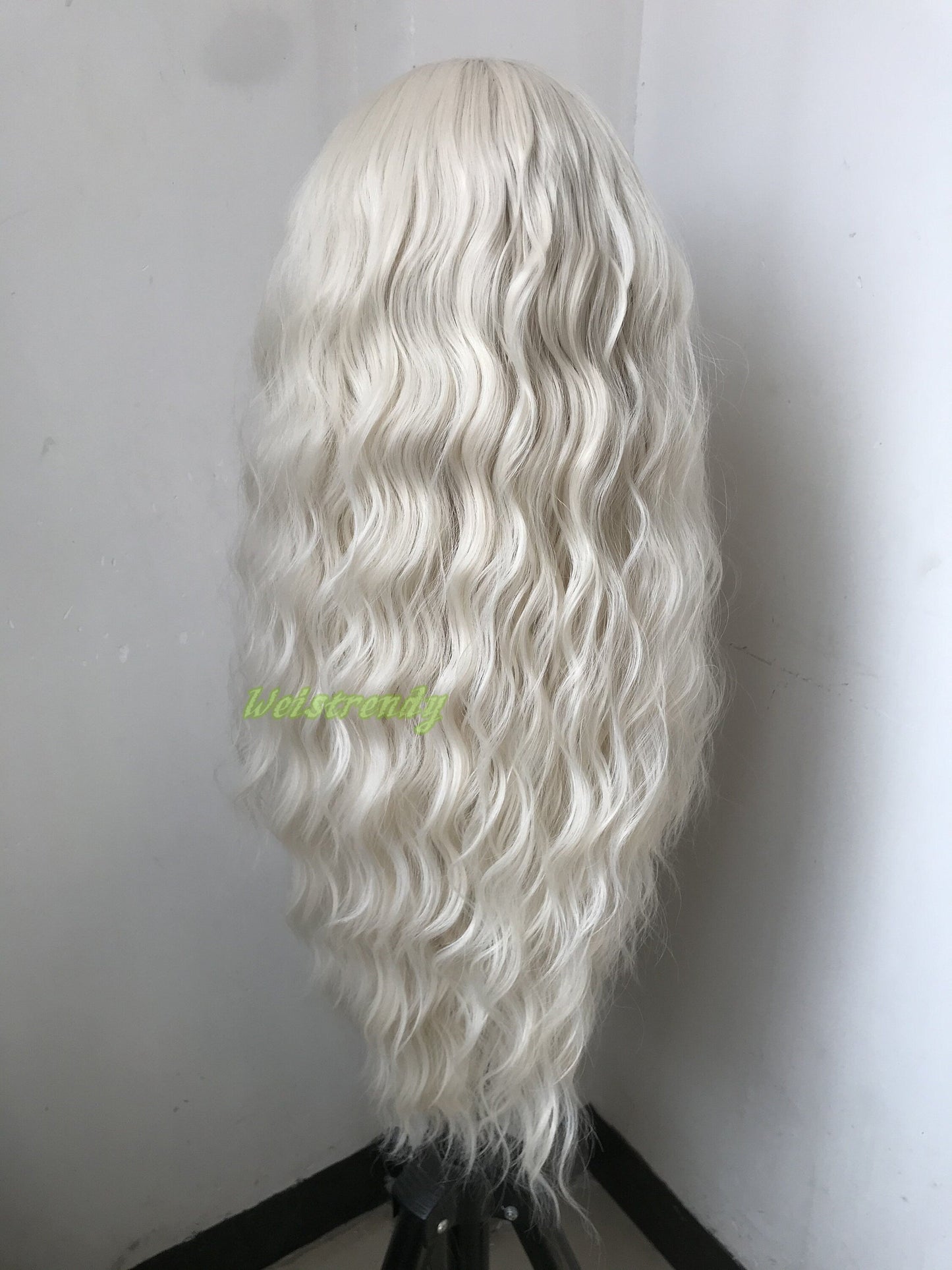 White Blonde | Platinum Blonde Long Waves Wig Premium Synthetic Soft Swiss Lace frontal Wigs Multi Parting