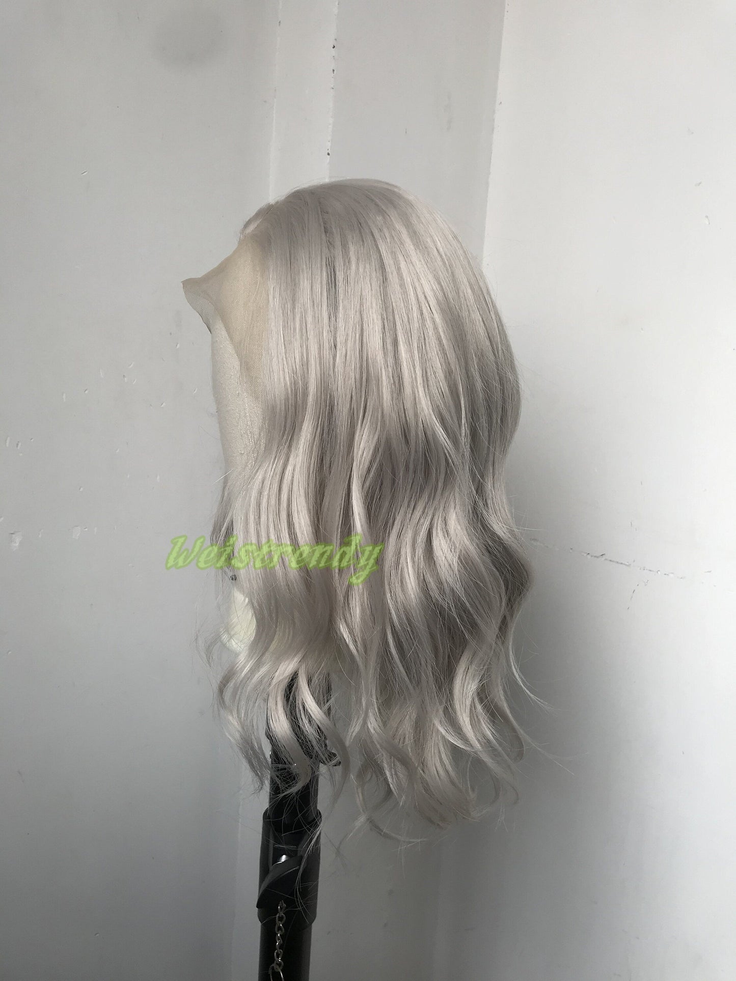 Pale Grey | Ash Blonde 16in Medium Length Wavy Hair Synthetic Swiss Lace Frontal Wig Heat Safe
