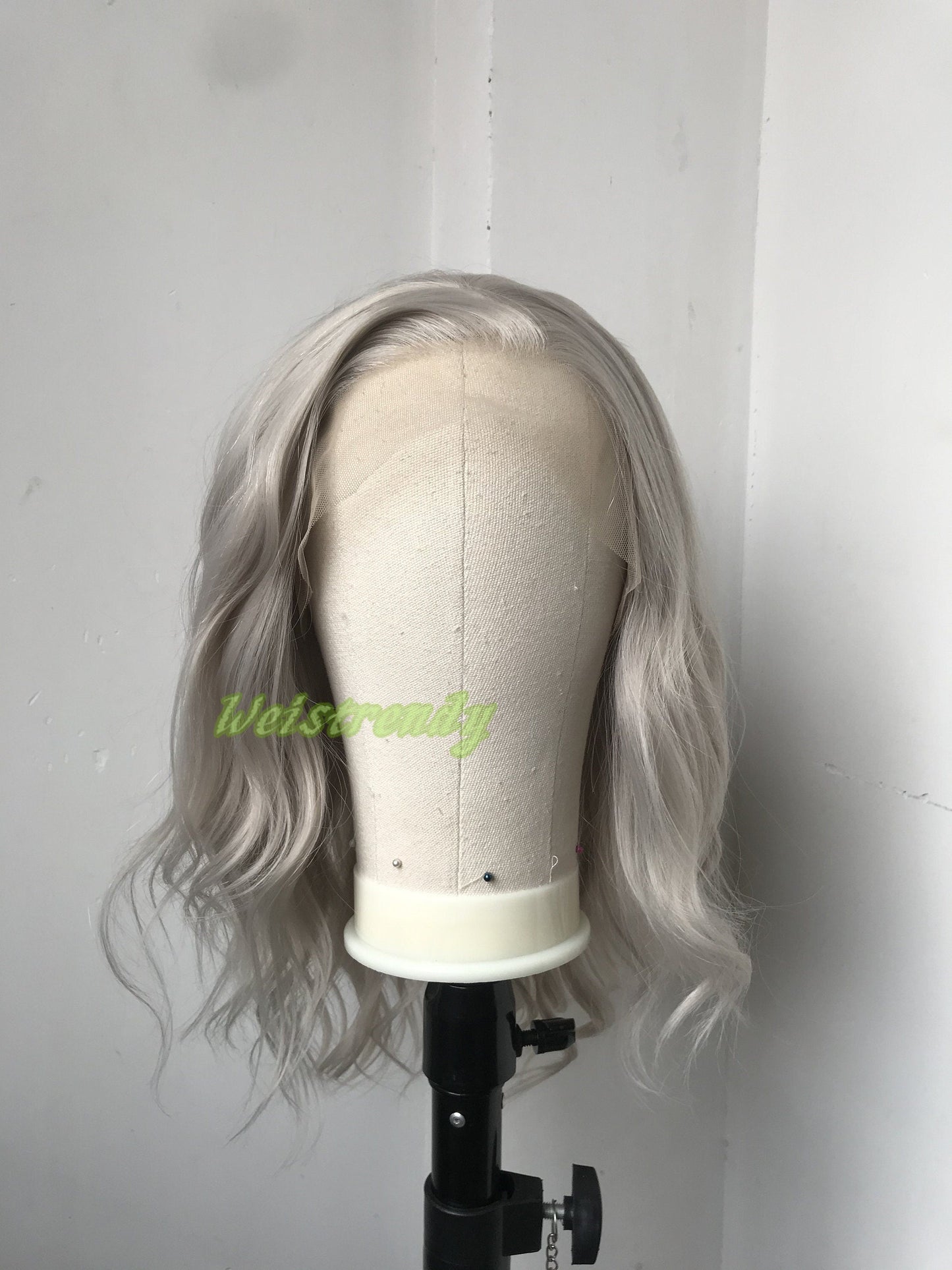 Pale Grey | Ash Blonde 16in Medium Length Wavy Hair Synthetic Swiss Lace Frontal Wig Heat Safe