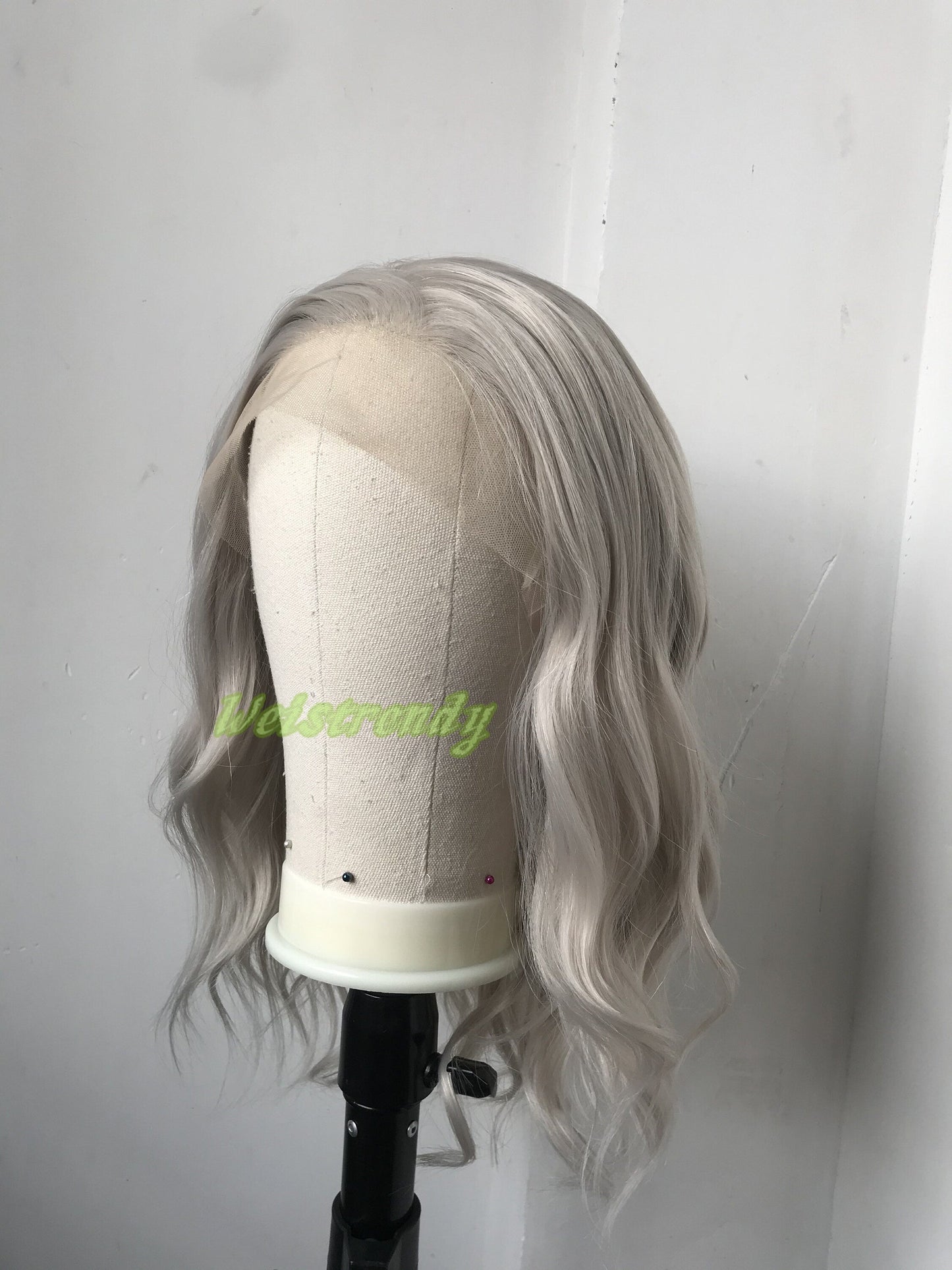 Pale Grey | Ash Blonde 16in Medium Length Wavy Hair Synthetic Swiss Lace Frontal Wig Heat Safe
