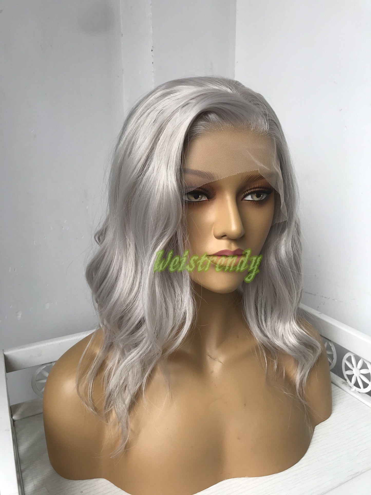 Pale Grey | Ash Blonde 16in Medium Length Wavy Hair Synthetic Swiss Lace Frontal Wig Heat Safe