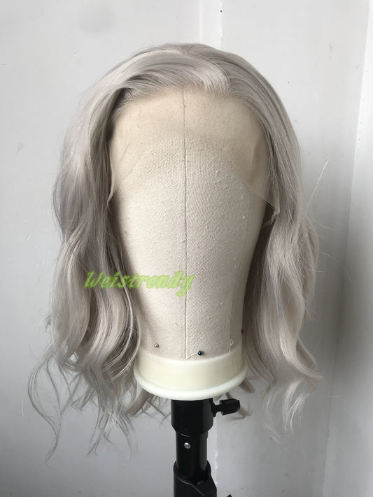 Pale Grey | Ash Blonde 16in Medium Length Wavy Hair Synthetic Swiss Lace Frontal Wig Heat Safe