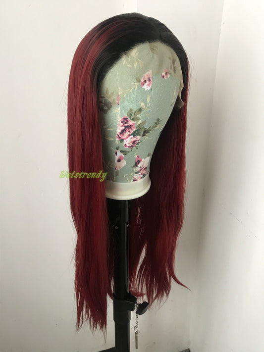 Ombré Dark Red Long Straight Hair with Black Roots Premium Synthetic Soft Swiss Lace Frontal Wig Multi Parting