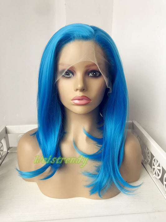 Bright Blue Short Straight BOB Hair Premium Synthetic Lace Frontal Wig with Natural Hairline