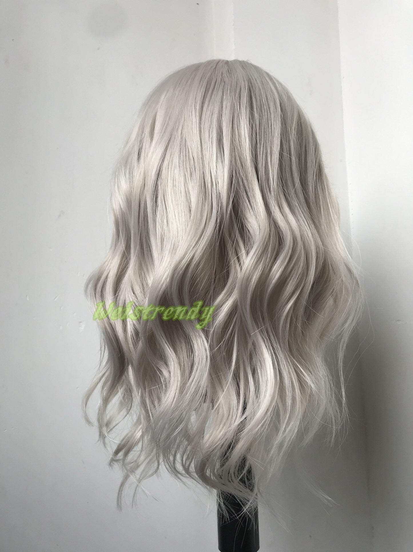 Pale Grey | Ash Blonde 16in Medium Length Wavy Hair Synthetic Swiss Lace Frontal Wig Heat Safe
